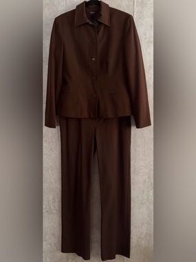 Chaps Professional Chocolate Brown Button Up Flat Front Slim Pant Suit Set Sz 8